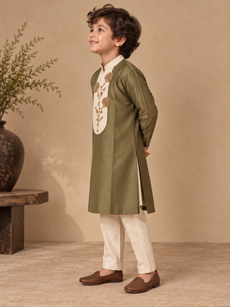 Olive Green & Beige Cotton/Silk Kurta Set (The Little Earthy Olive Crest) - MMKWCUS009
