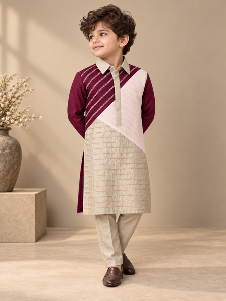 Wine, Pink & Silver Grey Bemberg Silk Kurta Set (The Little Prism) - MMKWCUS008