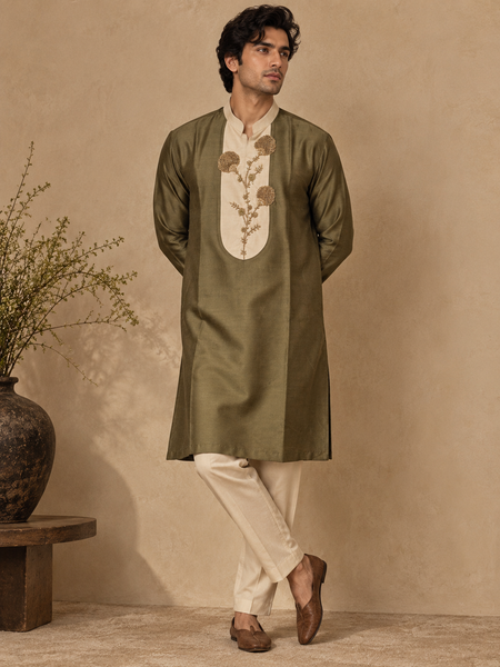 Olive Green & Beige Cotton/Silk Kurta Set (The Pistachio & Cream) - MMK0680