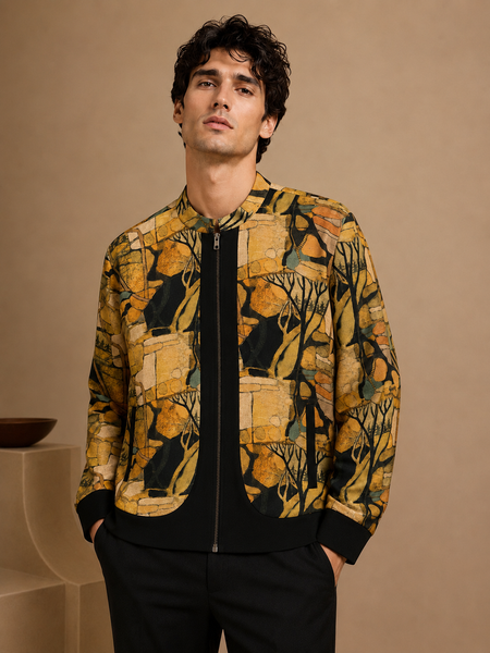 Mustard Muslin Printed Bomber Jacket (Mustard Peppercorn Ganache) - MMBJ052