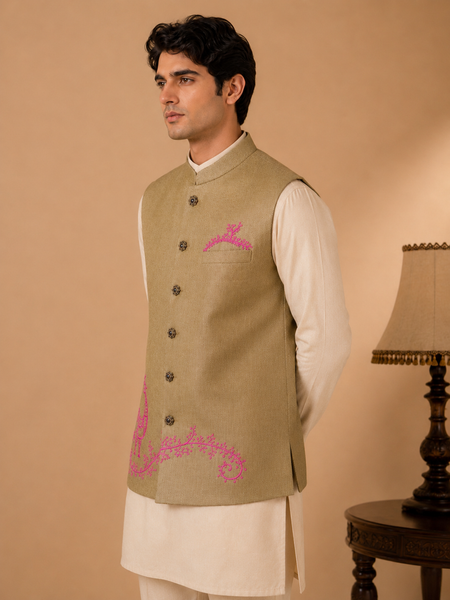 Olive Gold Linen/Silk Modi Jacket (The Olive Tapenade & Dragonfruit) - MMWC0247