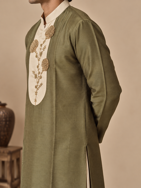 Olive Green & Beige Cotton/Silk Kurta Set (The Pistachio & Cream) - MMK0680