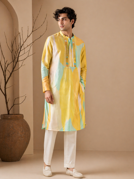 Yellow Muslin Digital Print Kurta Set (Citrus Mint Sovereign) - MMK0661
