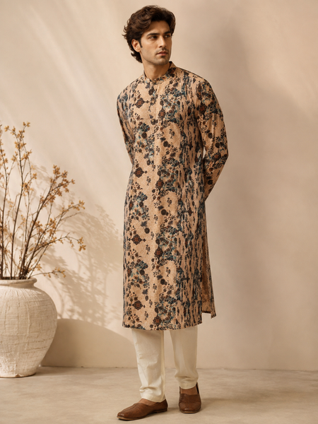 Beige Printed Chanderi Kurta Set (The Toasted Almond Flora) - MMK0675