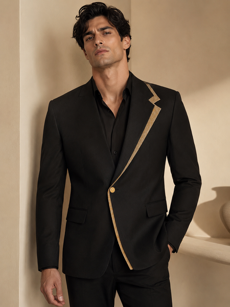 Black & Gold Silk Cotton Blazer (Velvet Coal & Maple-Drizzle Float) - MMJ0176
