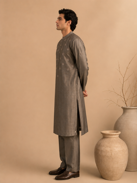 Grey Bemberg Silk Kurta Set (Muted Ganache & Shimmering Chestnut) - MMKCUS001