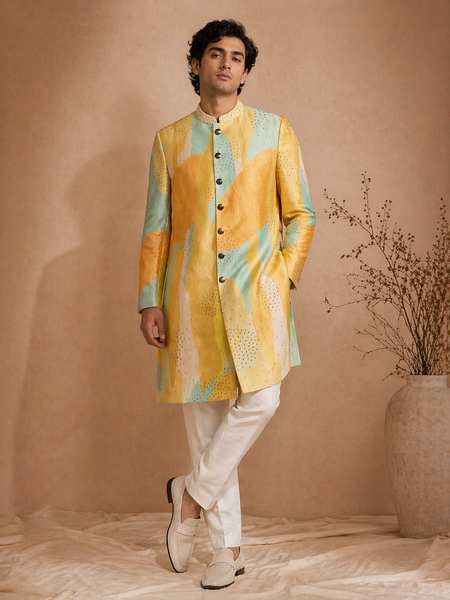 Yellow Printed Muslin Sherwani (Digital Noir) - MMSHR057