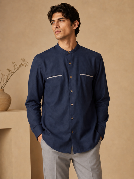 Blue & Grey Malai Cotton Shirt (Atlantic Sea-Salt & Truffle Float) - MM0931