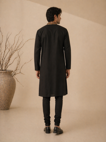 Black Bemberg Silk/Muslin Kurta Set (Burnt Toffee Shadow Float) - MMK0658