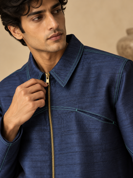 Indigo Bemberg Silk Bomber Jacket (The Blue Iris) - MMBJ059