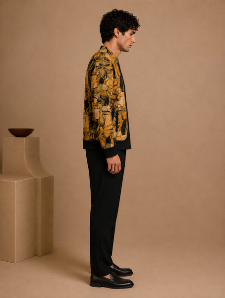 Mustard Muslin Printed Bomber Jacket (Mustard Peppercorn Ganache) - MMBJ052