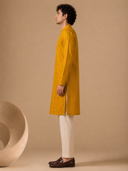 Yellow Chanderi Kurta Set (Spiced Turmeric & Ginger-Glaze Linear) - MMK0669