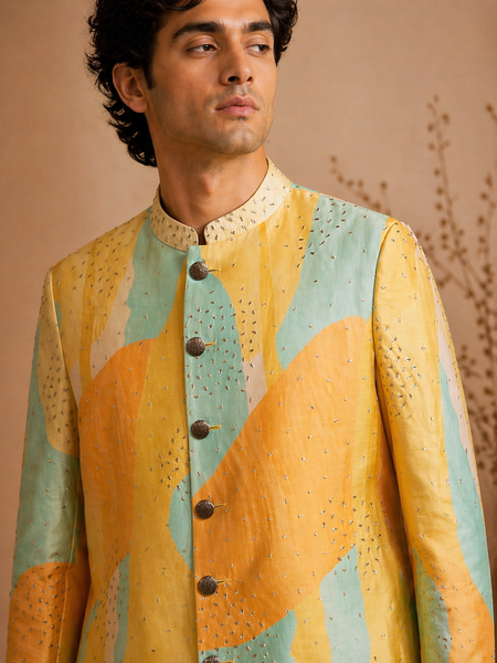 Yellow Printed Muslin Sherwani (Digital Noir) - MMSHR057
