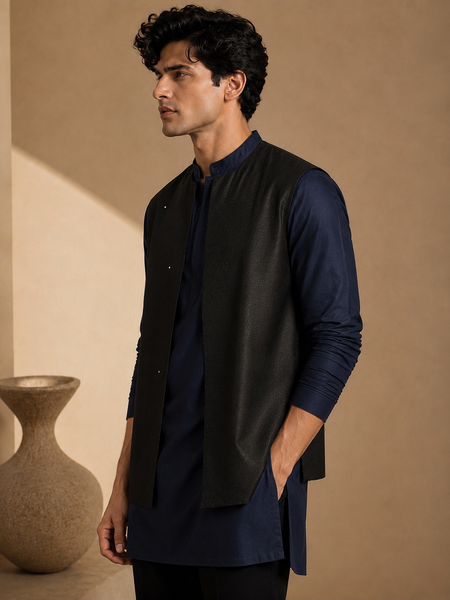 Black Bemberg Silk Short Open Jacket (The Midnight Starlight) - MMSOJCUS001