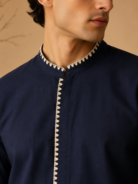Navy Blue Malai Cotton Shirt (The Linear Midnight) - MM0934