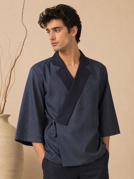 Navy Blue Kota Silk/Cotton Jacket/Coat (The Midnight Kimono) - MMJC001