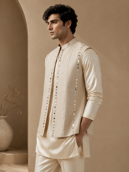 Beige Cotton/Silk Short-Open Jacket (The White Truffle & Champagne) - MMSOJ028