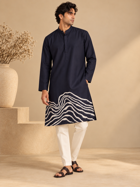 Navy Blue & Ivory Cotton/Silk Kurta Set (The Midnight Ocean Wave) - MMK0684