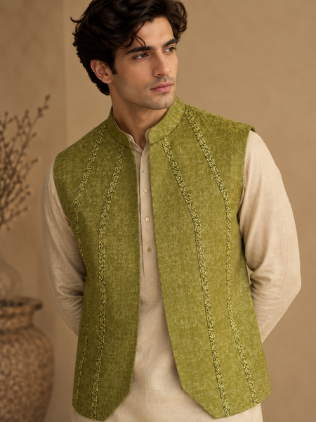 Lime Moss Green Silk/Jacquard Short Open Jacket (The Sweet Lime) - MMSOJ029