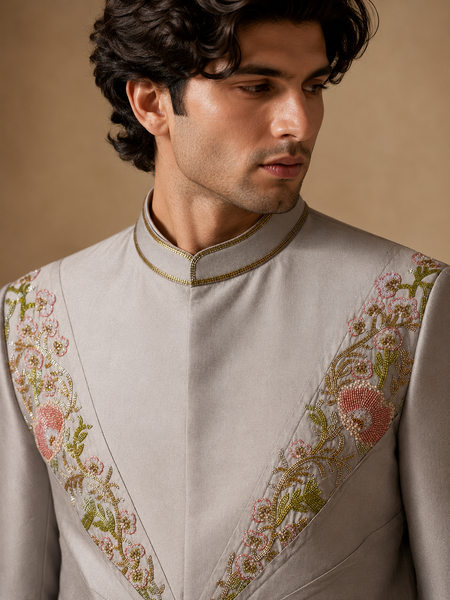 Silver Grey Cotton/Silk Sherwani (Muted Platinum & Peach Blossom) - MMSHR058