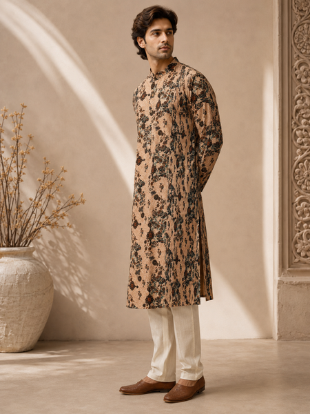 Beige Printed Chanderi Kurta Set (The Toasted Almond Flora) - MMK0675