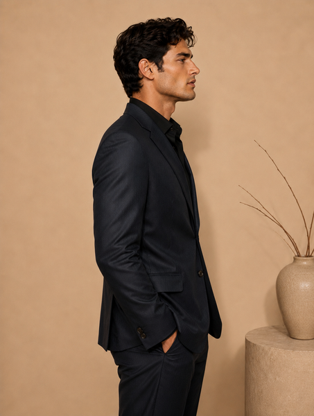 Midnight Blue Italian Wool Blazer (Deep Indigo Cacao & Brass Float) - MMJCUS003