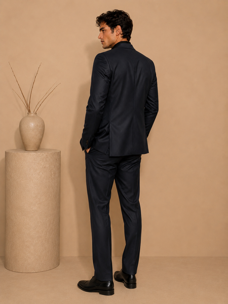 Midnight Blue Italian Wool Blazer & Pant Set (Deep Indigo Cacao & Brass Float) - MMJCUS007