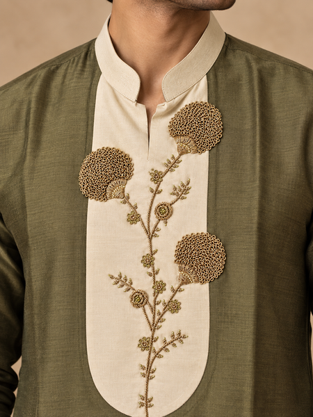 Olive Green & Beige Cotton/Silk Kurta Set (The Pistachio & Cream) - MMK0680