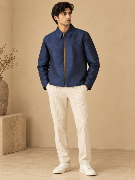 Indigo Bemberg Silk Bomber Jacket (The Blue Iris) - MMBJ059