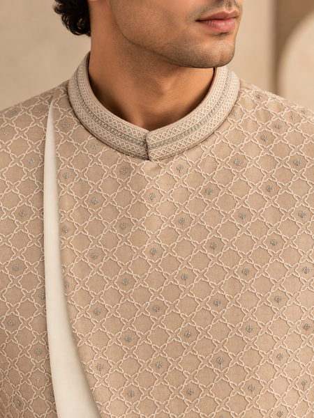 Champagne Sand Chanderi Embroidered Bandhgala - MMJ0179