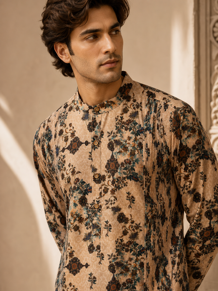 Beige Printed Chanderi Kurta Set (The Toasted Almond Flora) - MMK0675