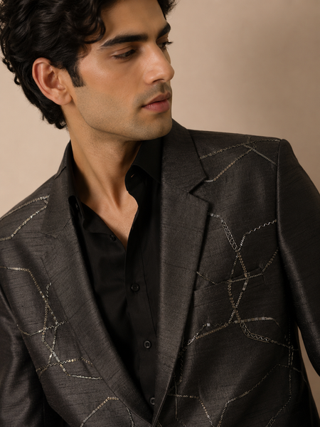 Black Bemberg Silk Blazer (The Midnight Constellation) - MMJ0167