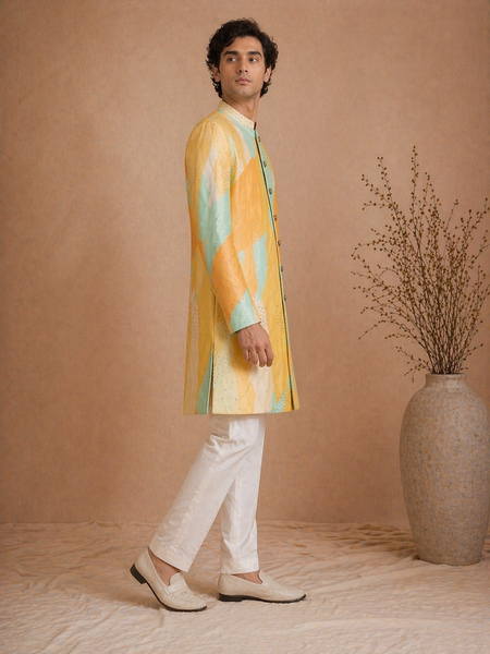 Yellow Printed Muslin Sherwani (Digital Noir) - MMSHR057