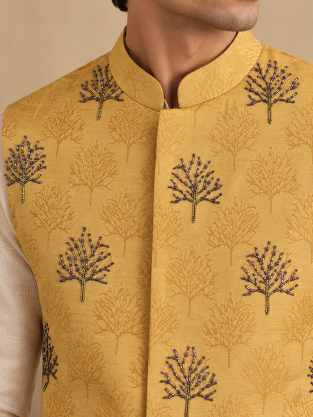 Mustard Yellow Silk Jacquard Modi Jacket (The Sunlit Forest) - MMWC0249