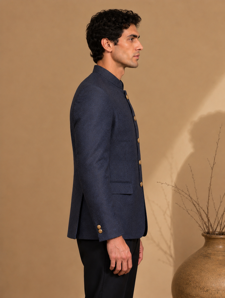 Midnight Blue Jacquard Bandhgala (Sapphire Ganache)- MMJCUS002