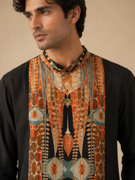 Black Bemberg Silk/Muslin Kurta Set (Burnt Toffee Shadow Float) - MMK0658