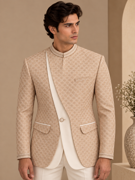 Champagne Sand Chanderi Embroidered Bandhgala - MMJ0179