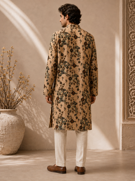 Beige Printed Chanderi Kurta Set (The Toasted Almond Flora) - MMK0675