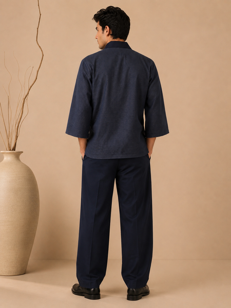 Navy Blue Cotton Silk Cord-Set (Obsidian Kimono Wrap) - MMCRSET008