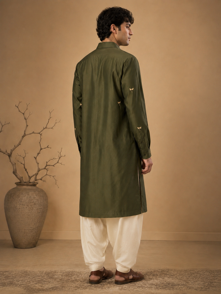 Olive Green Cotton Silk Kurta Set (Forest Gold Dragonfly) - MMKCUS003