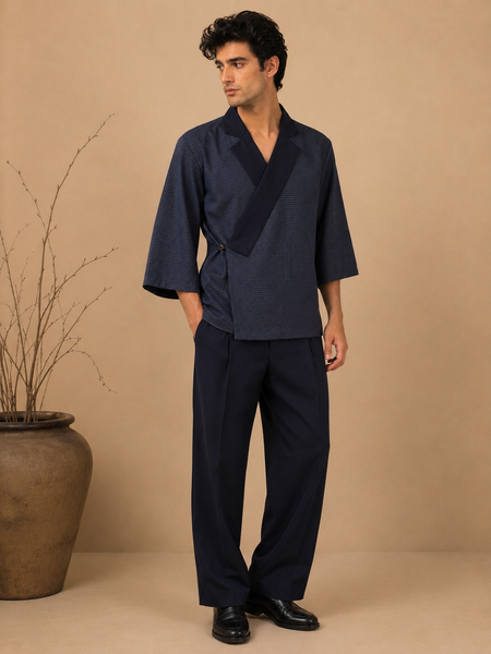 Navy Blue Cotton Silk Cord-Set (Obsidian Kimono Wrap) - MMCRSET008