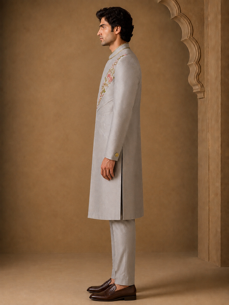 Silver Grey Cotton/Silk Sherwani (Muted Platinum & Peach Blossom) - MMSHR058