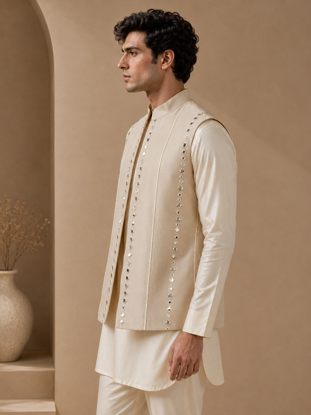 Beige Cotton/Silk Short-Open Jacket (The White Truffle & Champagne) - MMSOJ028