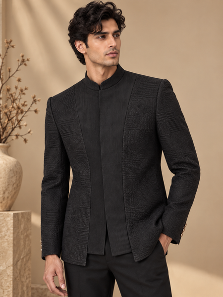 Black Chanderi/Bemberg Silk Bandhgala (The Midnight Shadow) - MMJ0178