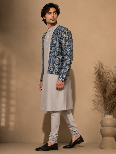 Grey & Blue Silk/Chanderi EMB (The Azure Moti) - MMK0675