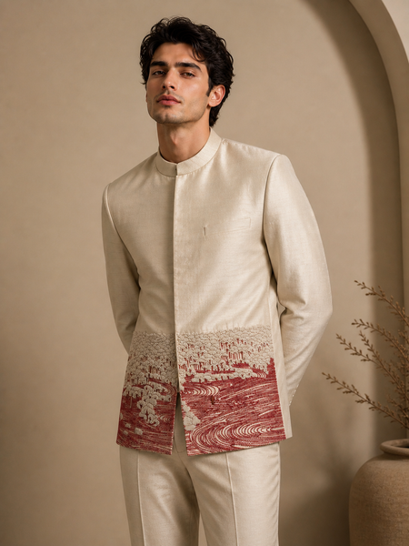 Beige Bemberg Silk Bandhgala (Salted Cream Earth Float) - MMJ0175