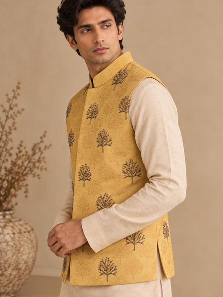 Mustard Yellow Silk Jacquard Modi Jacket (The Sunlit Forest) - MMWC0249
