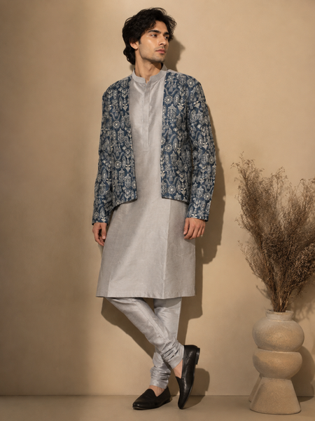 Grey & Blue Silk/Chanderi EMB (The Azure Moti) - MMK0675