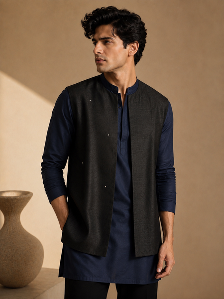 Black Bemberg Silk Short Open Jacket (The Midnight Starlight) - MMSOJCUS001
