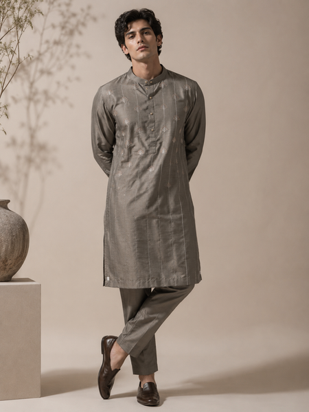 Grey Bemberg Silk Kurta Set (Muted Ganache & Shimmering Chestnut) - MMKCUS001